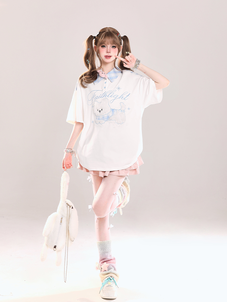 Cute Cartoon Embroidered Plush Puppy Polo Shirt - Short Sleeve T-Shirt for Girls, Summer Sweet Lazy Style, Casual Top Cute Cartoon Embroidered Plush Puppy Polo Shirt - Short Sleeve T-Shirt for Girls, Summer Sweet Lazy Style, Casual Top