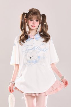 Cute Cartoon Embroidered Plush Puppy Polo Shirt - Short Sleeve T-Shirt for Girls, Summer Sweet Lazy Style, Casual Top