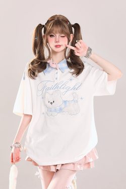 Cute Cartoon Embroidered Plush Puppy Polo Shirt - Short Sleeve T-Shirt for Girls, Summer Sweet Lazy Style, Casual Top