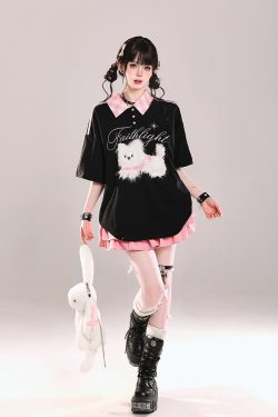 Cute Cartoon Embroidered Plush Puppy Polo Shirt - Short Sleeve T-Shirt for Girls, Summer Sweet Lazy Style, Casual Top