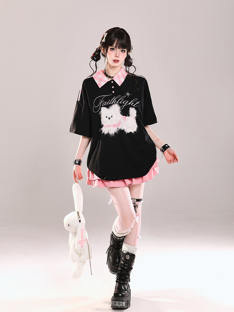 Cute Cartoon Embroidered Plush Puppy Polo Shirt - Short Sleeve T-Shirt for Girls, Summer Sweet Lazy Style, Casual Top Cute Cartoon Embroidered Plush Puppy Polo Shirt - Short Sleeve T-Shirt for Girls, Summer Sweet Lazy Style, Casual Top