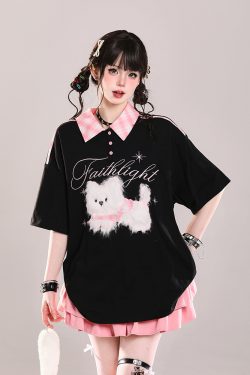 Cute Cartoon Embroidered Plush Puppy Polo Shirt - Short Sleeve T-Shirt for Girls, Summer Sweet Lazy Style, Casual Top