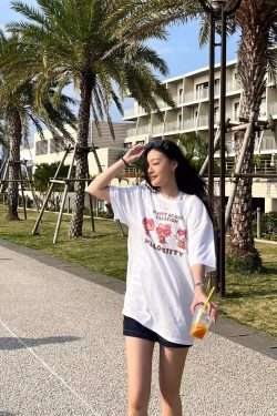 Cute Cartoon Kitty Print Summer Loose Short-Sleeve T-Shirt - Korean Style Casual Cotton Top for Comfort and Versatility