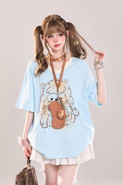 Cute Cartoon Printed Little Sheep V-Neck Short Sleeve T-Shirt for Girls - 2025 Summer Casual Loose Fit