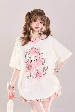 Cute Cartoon Printed Little Sheep V-Neck Short Sleeve T-Shirt for Girls - 2025 Summer Casual Loose Fit