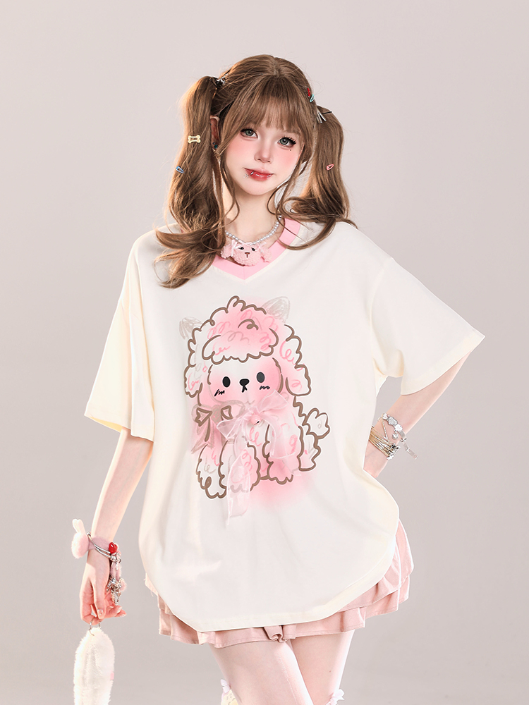 Cute Cartoon Printed Little Sheep V-Neck Short Sleeve T-Shirt for Girls - 2025 Summer Casual Loose Fit Cute Cartoon Printed Little Sheep V-Neck Short Sleeve T-Shirt for Girls - 2025 Summer Casual Loose Fit