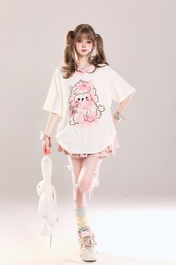 Cute Cartoon Printed Little Sheep V-Neck Short Sleeve T-Shirt for Girls - 2025 Summer Casual Loose Fit