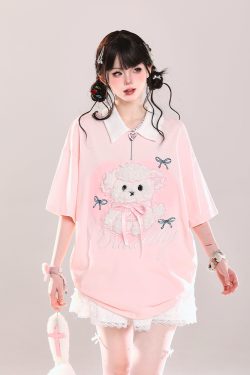 Cute Cartoon Puppy Polo Collar Short-Sleeve T-Shirt for Girls - Summer Casual Loose Fit Top, Adorable Y2K Style