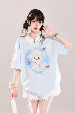 Cute Cartoon Puppy Polo Collar Short-Sleeve T-Shirt for Girls - Summer Casual Loose Fit Top, Adorable Y2K Style