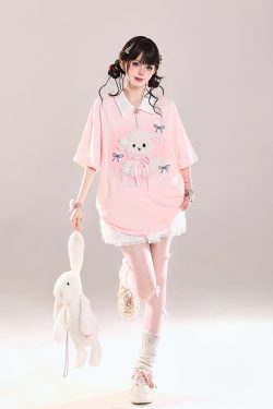 Cute Cartoon Puppy Polo Collar Short-Sleeve T-Shirt for Girls - Summer Casual Loose Fit Top, Adorable Y2K Style