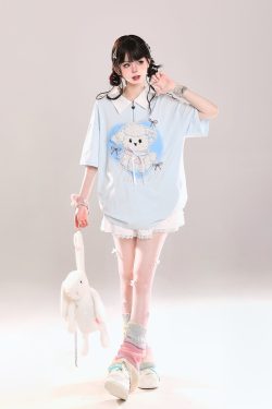 Cute Cartoon Puppy Polo Collar Short-Sleeve T-Shirt for Girls - Summer Casual Loose Fit Top, Adorable Y2K Style