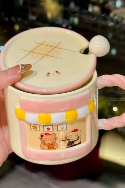 Cute Cat Ceramic Mug with Lid - Adorable Coffee Cup for Girls, Office Use, Perfect Birthday Gift, Trendy 2025 Design