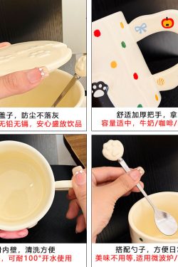 Cute Cat Ceramic Mug with Lid and Spoon – Adorable Water Cup for Girls, Perfect Birthday Gift & Party Favor