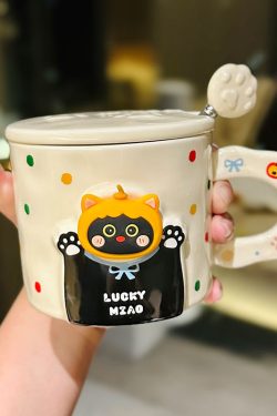 Cute Cat Ceramic Mug with Lid and Spoon – Adorable Water Cup for Girls, Perfect Birthday Gift & Party Favor