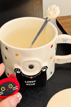 Cute Cat Ceramic Mug with Lid and Spoon – Adorable Water Cup for Girls, Perfect Birthday Gift & Party Favor