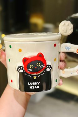 Cute Cat Ceramic Mug with Lid and Spoon – Adorable Water Cup for Girls, Perfect Birthday Gift & Party Favor