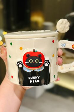 Cute Cat Ceramic Mug with Lid and Spoon – Adorable Water Cup for Girls, Perfect Birthday Gift & Party Favor