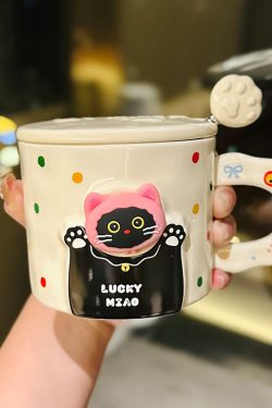 Cute Cat Ceramic Mug with Lid and Spoon – Adorable Water Cup for Girls, Perfect Birthday Gift & Party Favor