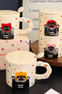 Cute Cat Ceramic Mug with Lid and Spoon – Adorable Water Cup for Girls, Perfect Birthday Gift & Party Favor