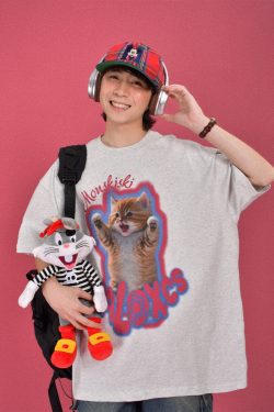 Cute Cat Print Oversized Short Sleeve T-Shirt for Summer - Casual Couple Top, Trendy Loose Fit, Perfect for 90s and Y2K Styles