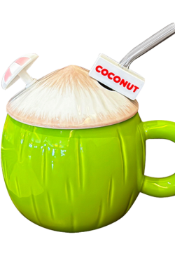 Cute Ceramic Coconut Water Cup with Lid and Straw, Adorable Summer Juice Mug for Girls, Perfect for Beach and Poolside Fun