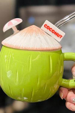 Cute Ceramic Coconut Water Cup with Lid and Straw, Adorable Summer Juice Mug for Girls, Perfect for Beach and Poolside Fun