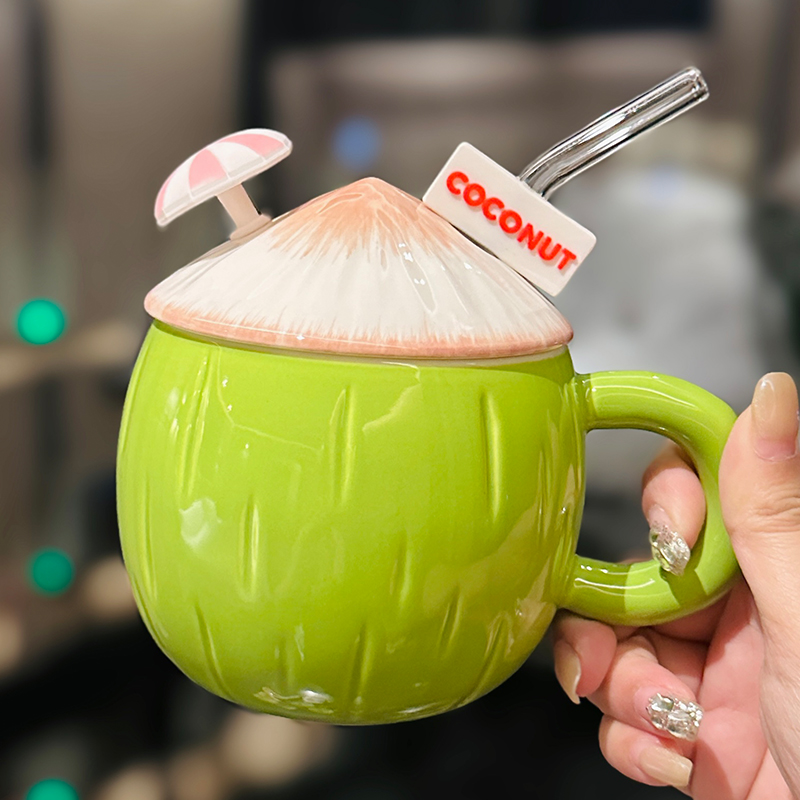 Cute Ceramic Coconut Water Cup with Lid and Straw, Adorable Summer Juice Mug for Girls, Perfect for Beach and Poolside Fun Cute Ceramic Coconut Water Cup with Lid and Straw, Adorable Summer Juice Mug for Girls, Perfect for Beach and Poolside Fun