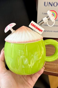 Cute Ceramic Coconut Water Cup with Lid and Straw, Adorable Summer Juice Mug for Girls, Perfect for Beach and Poolside Fun