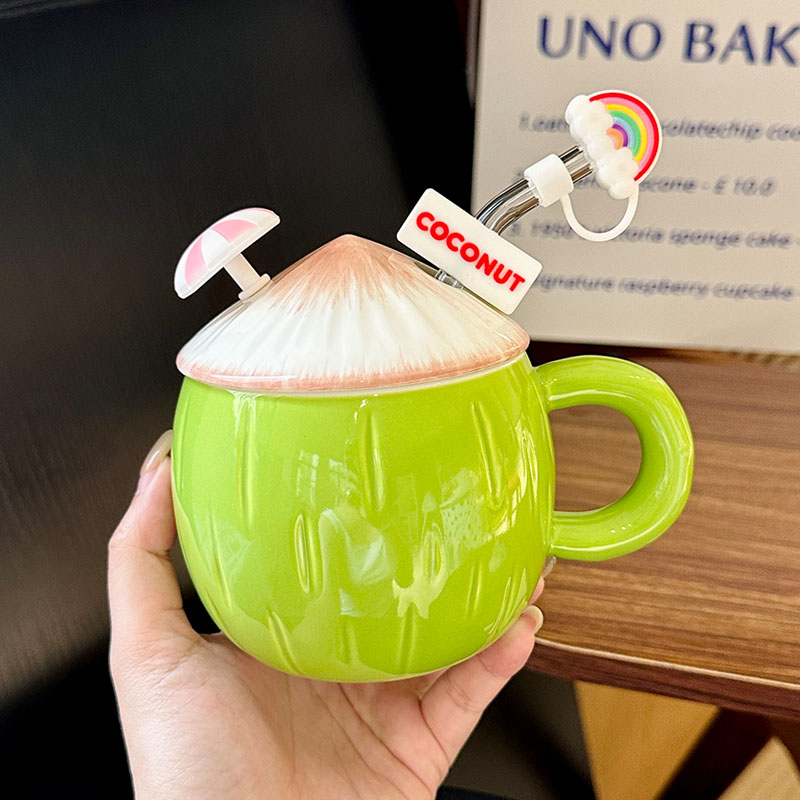 Cute Ceramic Coconut Water Cup with Lid and Straw, Adorable Summer Juice Mug for Girls, Perfect for Beach and Poolside Fun Cute Ceramic Coconut Water Cup with Lid and Straw, Adorable Summer Juice Mug for Girls, Perfect for Beach and Poolside Fun
