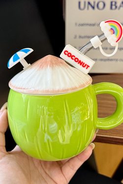 Cute Ceramic Coconut Water Cup with Lid and Straw, Adorable Summer Juice Mug for Girls, Perfect for Beach and Poolside Fun