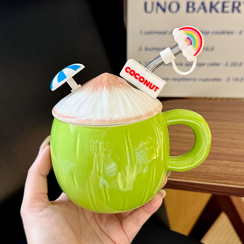 Cute Ceramic Coconut Water Cup with Lid and Straw, Adorable Summer Juice Mug for Girls, Perfect for Beach and Poolside Fun Cute Ceramic Coconut Water Cup with Lid and Straw, Adorable Summer Juice Mug for Girls, Perfect for Beach and Poolside Fun