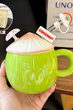 Cute Ceramic Coconut Water Cup with Lid and Straw, Adorable Summer Juice Mug for Girls, Perfect for Beach and Poolside Fun