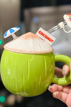 Cute Ceramic Coconut Water Cup with Lid and Straw, Adorable Summer Juice Mug for Girls, Perfect for Beach and Poolside Fun