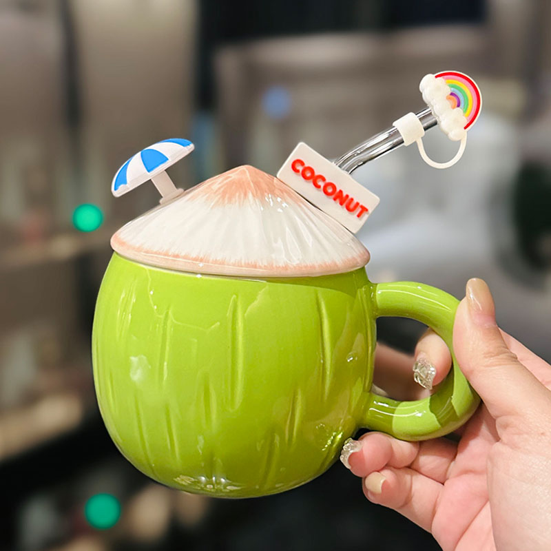 Cute Ceramic Coconut Water Cup with Lid and Straw, Adorable Summer Juice Mug for Girls, Perfect for Beach and Poolside Fun Cute Ceramic Coconut Water Cup with Lid and Straw, Adorable Summer Juice Mug for Girls, Perfect for Beach and Poolside Fun