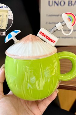 Cute Ceramic Coconut Water Cup with Lid and Straw, Adorable Summer Juice Mug for Girls, Perfect for Beach and Poolside Fun