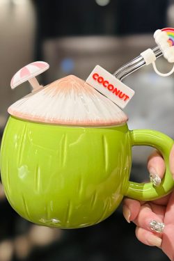 Cute Ceramic Coconut Water Cup with Lid and Straw, Adorable Summer Juice Mug for Girls, Perfect for Beach and Poolside Fun