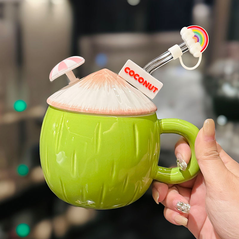 Cute Ceramic Coconut Water Cup with Lid and Straw, Adorable Summer Juice Mug for Girls, Perfect for Beach and Poolside Fun Cute Ceramic Coconut Water Cup with Lid and Straw, Adorable Summer Juice Mug for Girls, Perfect for Beach and Poolside Fun