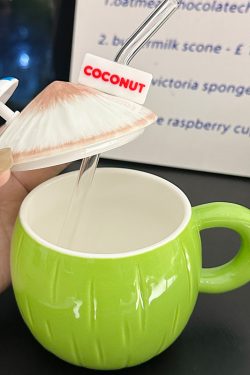 Cute Ceramic Coconut Water Cup with Lid and Straw, Adorable Summer Juice Mug for Girls, Perfect for Beach and Poolside Fun