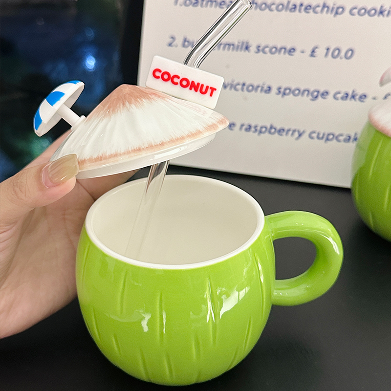 Cute Ceramic Coconut Water Cup with Lid and Straw, Adorable Summer Juice Mug for Girls, Perfect for Beach and Poolside Fun Cute Ceramic Coconut Water Cup with Lid and Straw, Adorable Summer Juice Mug for Girls, Perfect for Beach and Poolside Fun