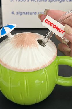 Cute Ceramic Coconut Water Cup with Lid and Straw, Adorable Summer Juice Mug for Girls, Perfect for Beach and Poolside Fun