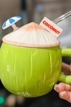 Cute Ceramic Coconut Water Cup with Lid and Straw, Adorable Summer Juice Mug for Girls, Perfect for Beach and Poolside Fun