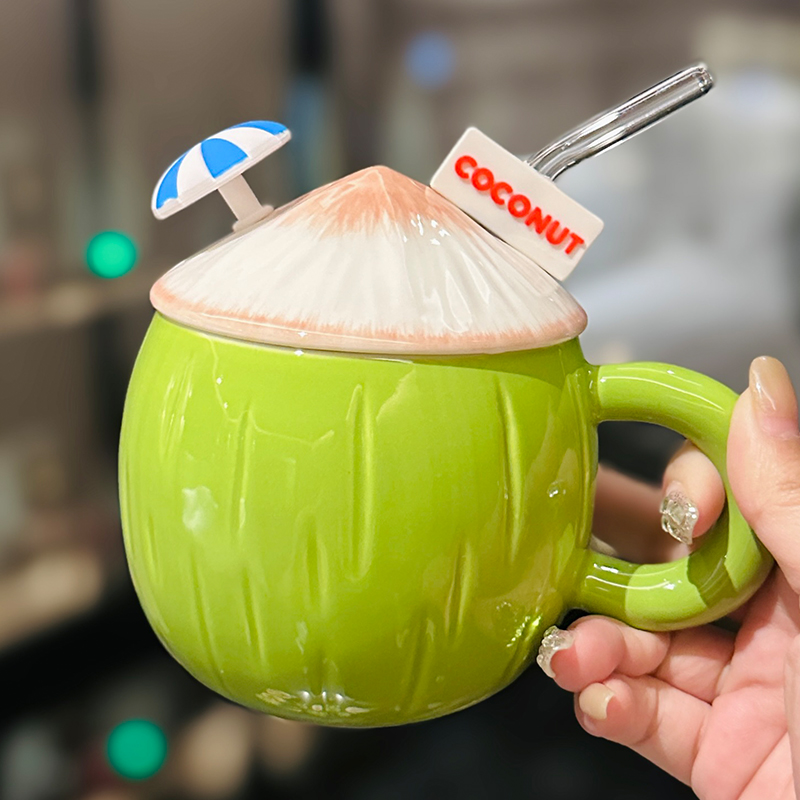 Cute Ceramic Coconut Water Cup with Lid and Straw, Adorable Summer Juice Mug for Girls, Perfect for Beach and Poolside Fun Cute Ceramic Coconut Water Cup with Lid and Straw, Adorable Summer Juice Mug for Girls, Perfect for Beach and Poolside Fun