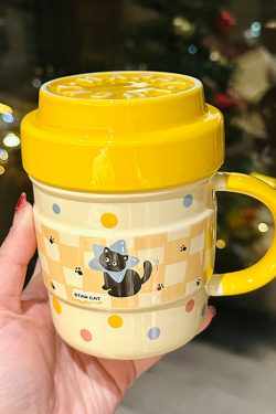 Cute Ceramic Water Cup with Lid, Girly Heart Mug for Iced Americano & Breakfast Milk, Ideal for Coffee Lovers