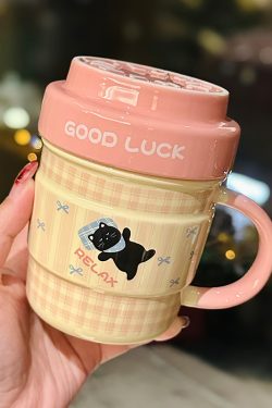 Cute Ceramic Water Cup with Lid, Girly Heart Mug for Iced Americano & Breakfast Milk, Ideal for Coffee Lovers