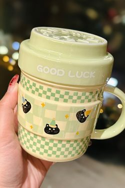 Cute Ceramic Water Cup with Lid, Girly Heart Mug for Iced Americano & Breakfast Milk, Ideal for Coffee Lovers