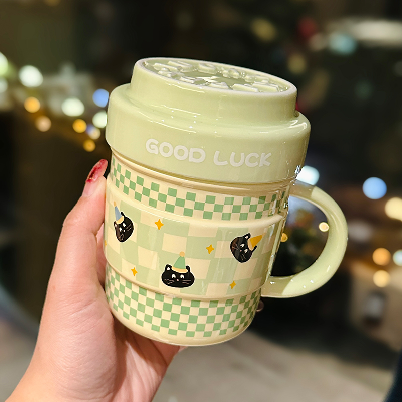 Cute Ceramic Water Cup with Lid, Girly Heart Mug for Iced Americano & Breakfast Milk, Ideal for Coffee Lovers Cute Ceramic Water Cup with Lid, Girly Heart Mug for Iced Americano & Breakfast Milk, Ideal for Coffee Lovers