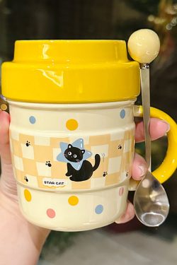 Cute Ceramic Water Cup with Lid, Girly Heart Mug for Iced Americano & Breakfast Milk, Ideal for Coffee Lovers