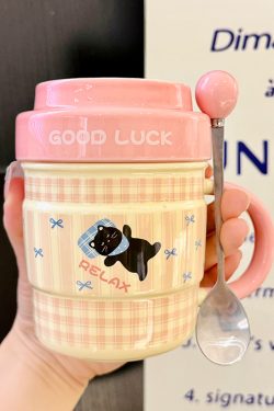 Cute Ceramic Water Cup with Lid, Girly Heart Mug for Iced Americano & Breakfast Milk, Ideal for Coffee Lovers
