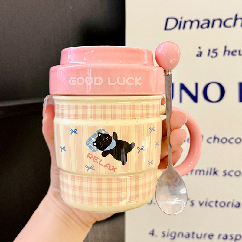 Cute Ceramic Water Cup with Lid, Girly Heart Mug for Iced Americano & Breakfast Milk, Ideal for Coffee Lovers Cute Ceramic Water Cup with Lid, Girly Heart Mug for Iced Americano & Breakfast Milk, Ideal for Coffee Lovers