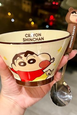 Cute Conical Hat Ceramic Rice Bowl for Kids - 2025 New Model, Adorable Crayon Shin-chan Design, Perfect Noodle Bowl for Children